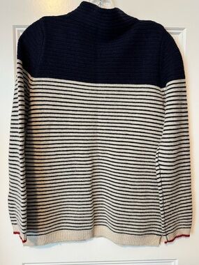 Tabitha Webb Lambswool Striped Mock Neck Sweater Size S Navy Ivory Red Trim
